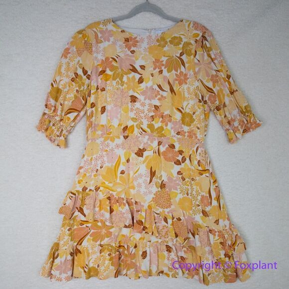 Lost + Wander‎ Sorrento Yellow Multi Floral Print Tiered Mini Dress, size L - Picture 3 of 16